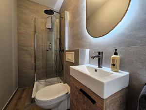 W łazience znajduje się umywalka, toaleta i lustro. w obiekcie Hótel Laugarvatn w mieście Laugarvatn