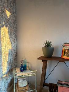 um quarto com uma mesa com uma planta em La Saint-Pauloise em Saint-Paul-de-Vence