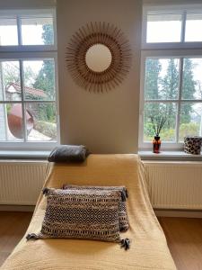 a bedroom with a bed with a mirror on the wall at Bois de Hal in Braine-lʼAlleud