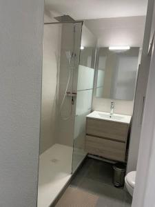 a bathroom with a shower and a sink at Appartement T2 dans jolie résidence avec piscine in Le Barcarès +14 photos