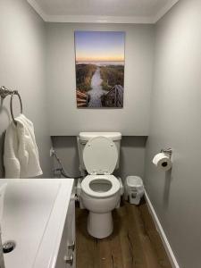 a bathroom with a toilet and a painting on the wall at Location, location, location! in Ocean Isle Beach