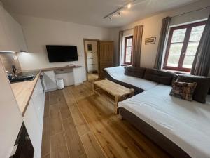 uma pequena sala de estar com um sofá e uma cozinha em Residence Spillenberg Apartment 1A em Levoča