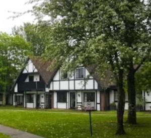 duży czarno-biały dom z drzewem w obiekcie 3.9. Tudor Court w mieście Hayle