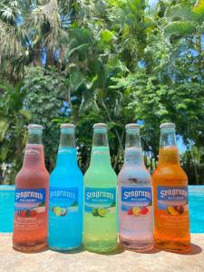 a group of six bottles of soda sitting on a table at Hotel y Villa Marchena in Azua de Compostela