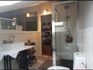 a bathroom with a shower and a sink and a toilet at Casa restaurada en pequeño pueblo de montaña in Pujayo