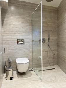 a bathroom with a toilet and a glass shower at Dimitri Hotel in Himare