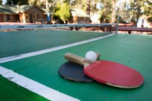 two tennis rackets and a ball on a tennis court at Twin Pines Family Cabin by Big Bear Vacations in Big Bear Lake