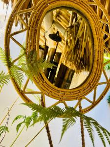 拉斯特拉納斯的住宿－Maloca by Villa Clarissa8，挂在棕榈树旁边的墙上的镜子