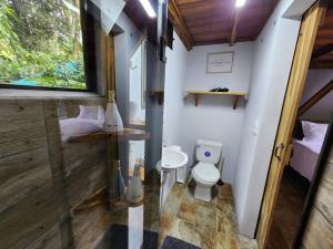 a small bathroom with a toilet and a window at La Fortuna Rainforest Glass Cabin With Suite in Fortuna