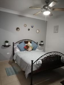 Schlafzimmer mit einem Bett und einem Deckenventilator in der Unterkunft to little away from El conde ,museums, parks in the colonia zone in Santo Domingo