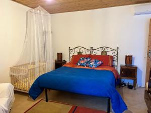 Schlafzimmer mit einem Bett mit blauer Bettwäsche und roten Kissen in der Unterkunft Antico casale Sofia in Sortino