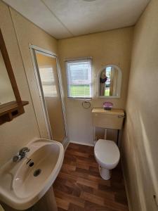 a bathroom with a sink and a toilet and a mirror at Caravan holiday let 2 bedroom happy days SOUTH chapel saint Leonards 05 in Chapel Saint Leonards