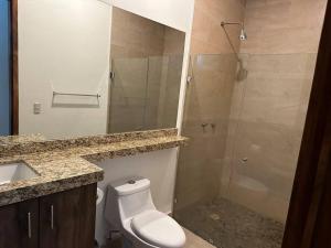 ein Bad mit einer Dusche, einem WC und einem Waschbecken in der Unterkunft Casa hermosa y acogedora en condominio privado in Puerto Vallarta