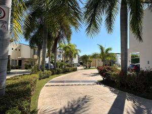 una entrada bordeada de palmeras con una calle con palmeras en Casa hermosa y acogedora en condominio privado, en Puerto Vallarta