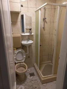 een kleine badkamer met een toilet en een douche bij KIM in Sarajevo