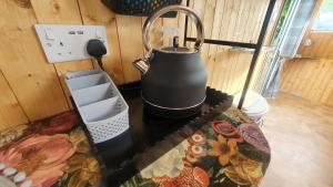 a tea kettle sitting on a counter in a room at Trailor Escape GLAMPING POD - our converted horse box at Nelson Park Riding Centre - Birchington, Margte, Thanet, Ramsgate, Broadstairs, Sandwich, Herne Bay in Birchington