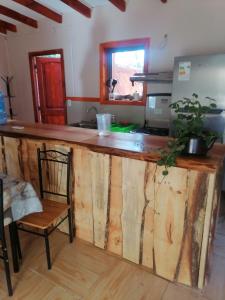 a kitchen with a wooden counter top in a room at Cisnes del tolten in Freire