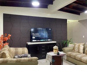 een woonkamer met 2 banken en een flatscreen-tv bij HOSTAL IBRAIS in Panama-Stad