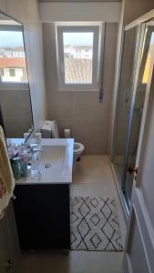een badkamer met een wastafel, een douche en een toilet bij Apartamento Sonho Azores T5 in Ponta Delgada