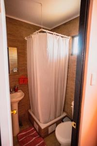 y baño con cortina de ducha blanca y aseo. en Hostal el hermanito, en San Pedro de Atacama