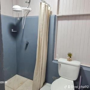 een badkamer met een toilet en een douchegordijn bij Villas el Reencuentro in Monterrey