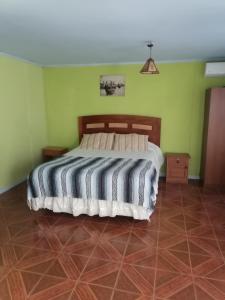 ein Schlafzimmer mit einem Bett in einem Zimmer mit grünen Wänden in der Unterkunft Cisnes del tolten in Freire