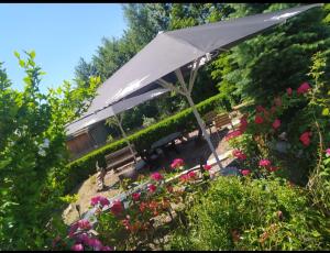 a group of benches and flowers in a garden at Hotel Neue Krone in Markt Erlbach