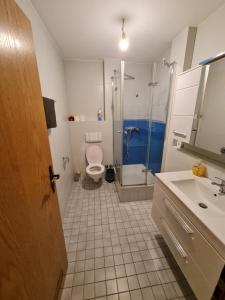 a bathroom with a toilet and a shower and a sink at Hotel Neue Krone in Markt Erlbach +35 photos