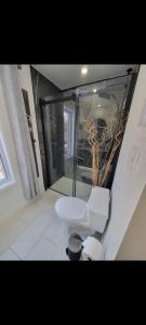 a bathroom with a toilet and a fish tank at L'hêtre au Sommet (gîte) in Sainte Anne des Lacs
