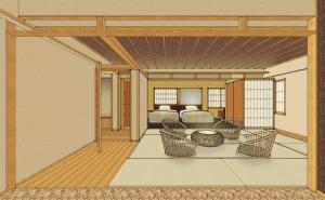 een tekening van een kamer met een slaapkamer bij Kaneyamaen in Fujiyoshida