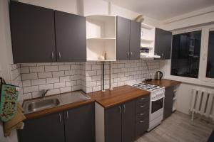 een keuken met zwarte kasten en een wastafel bij Anne Apartment - 1 Bedroom + Balcony in Tartu