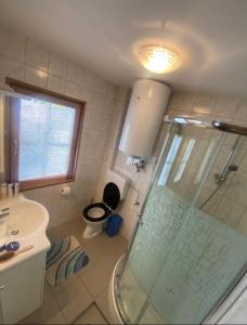 y baño con ducha acristalada y lavamanos. en Faakersee - Familyhouse - mit PrivatStrand- Only Sa-Sa en Egg am Faaker See