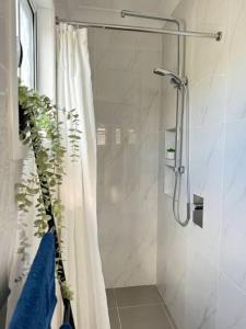 a bathroom with a shower with a shower curtain at Convenient 2 Bedroom house unit in Salisbury in Brisbane