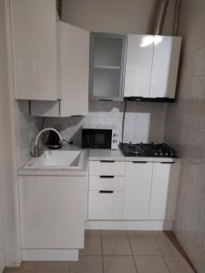 a white kitchen with a sink and a microwave at Gelena Гостьовий двір in Uzhhorod