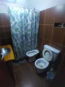 a bathroom with a toilet and a shower curtain at Cabaña rustica fina in Cordoba