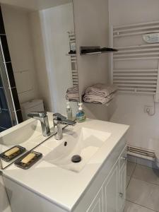 La salle de bains blanche est pourvue d'un lavabo et d'un miroir. dans l'établissement bel appartement chic et cosy 78100, à Saint-Germain-en-Laye