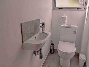 La salle de bains est pourvue d'un lavabo et de toilettes. dans l'établissement Newlands Court Motel, à Wellington