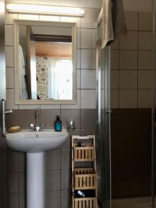 a bathroom with a sink and a mirror and a shower at The Nest Filoxenia in Kato Trikala Korinthias +21 photos