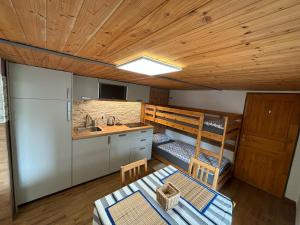 a room with a kitchen and a bunk bed at apartmán Karin in Rovensko pod Troskami