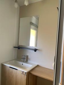 een badkamer met een wastafel en een spiegel bij Mobilhome Ck135 Siblu Les Charmettes in Les Mathes