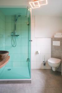 La salle de bains est pourvue d'une douche en verre et de toilettes. dans l'établissement Gasthof Zur Seku, à Neunkirchen am Brand