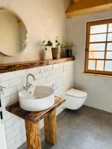uma casa de banho com um lavatório e um WC em Ferienwohnung im Loft-Style mit Sauna im historischen Schwarzwaldhof em Simonswald