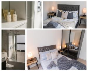 a collage of four pictures of a bedroom at The Broad Oaks in Olton