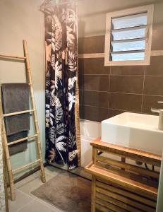 ein Bad mit einem Waschbecken und einem Duschvorhang in der Unterkunft Mika & Clo in Saint-Joseph
