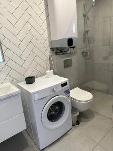 łazienka z pralką i toaletą w obiekcie Domy przy Spokojnej w mieście Jantar +8 zdjęć