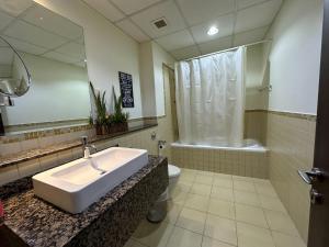 een badkamer met een wastafel, een toilet en een spiegel bij sparkle view in Dubai