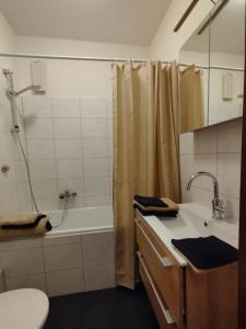 La salle de bains est pourvue d'une douche, d'un lavabo et de toilettes. dans l'établissement Kleines Apartment in Marl WG 2, à Marl