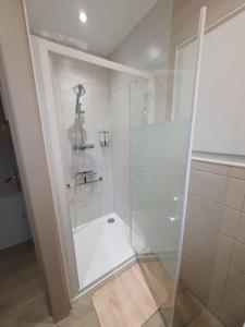 a shower with a glass door in a bathroom at Gîte Thera Cottage 3 étoiles in Le Vieux-Bourg +60 photos