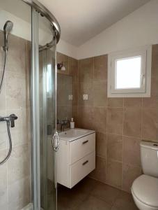 a bathroom with a shower and a toilet and a sink at Apparemment bord de mer 2 à 5 personnes in Sagone