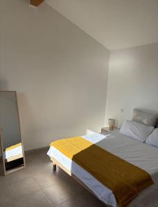 a bedroom with a large bed and a mirror at Apparemment bord de mer 2 à 5 personnes in Sagone +2 photos